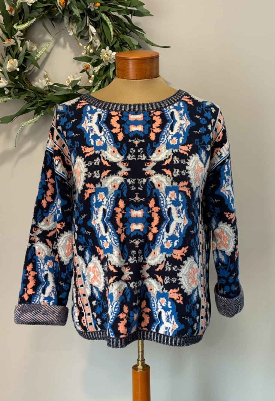 Anthropologie Moth Women Boho Artsy Blue Kaleidoscope Antica Sweater, Size L